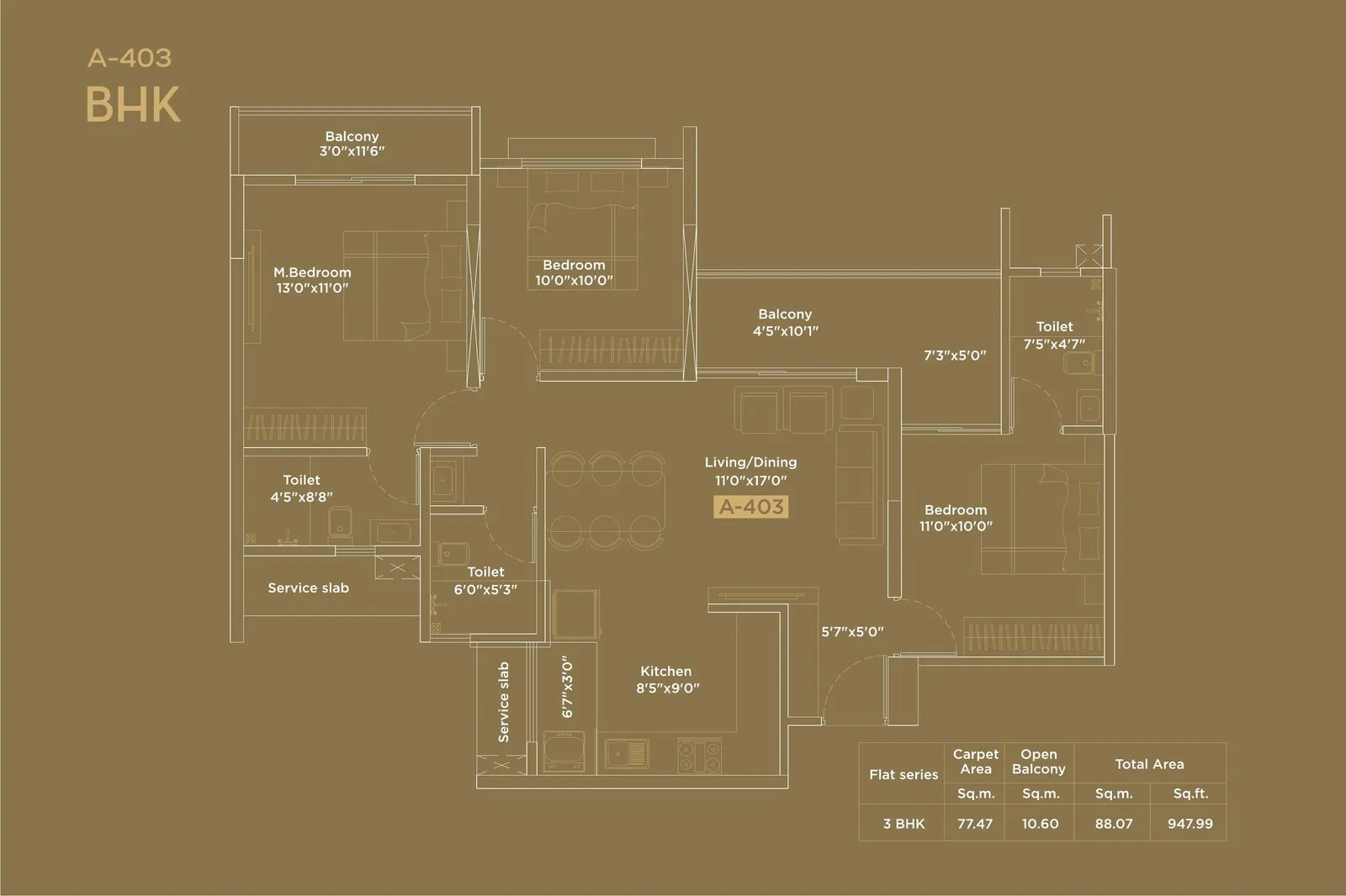 Unit A-403 — 3 BHK Layout